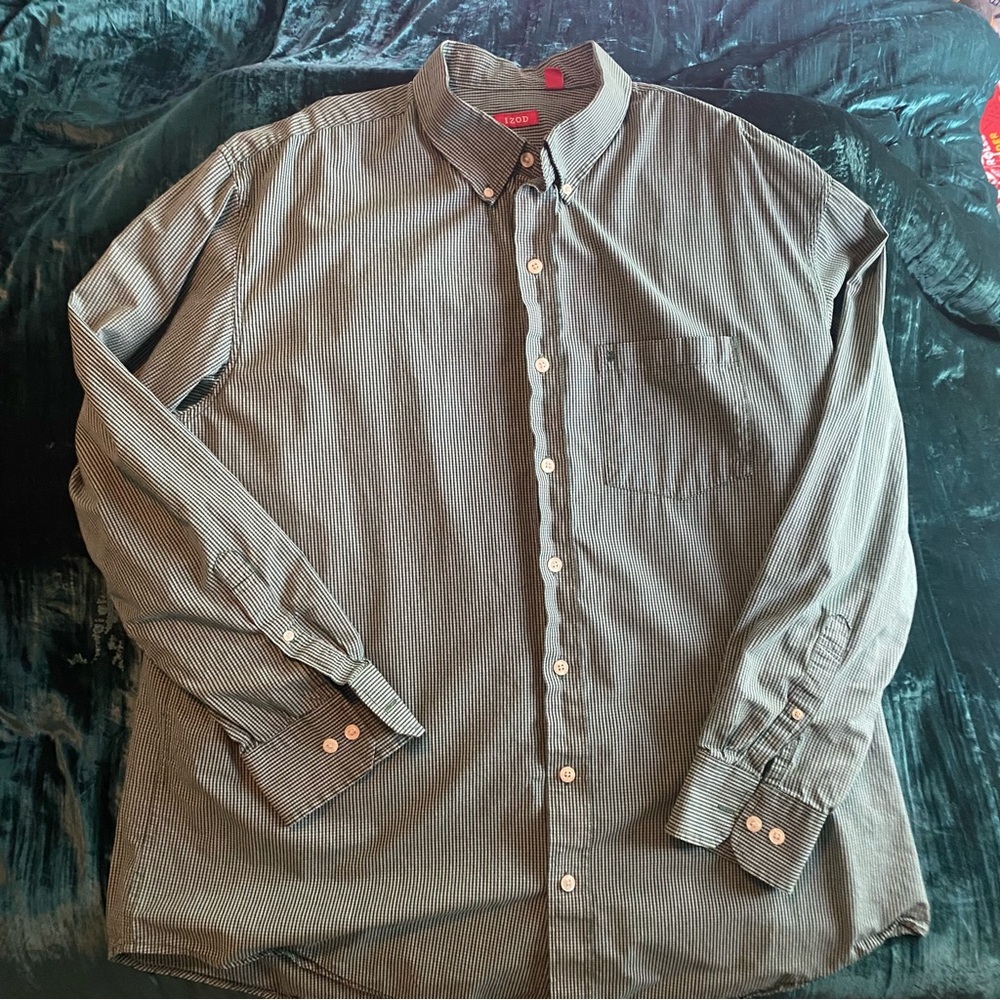 Izod Green and White checkered Casual Button Down Shirt Men’s SZ XXL
